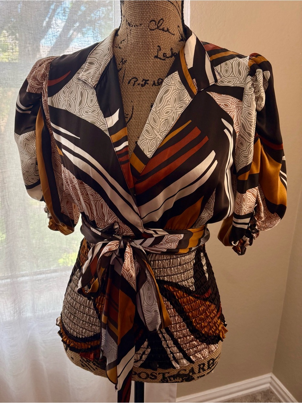 ABS COLLECTION : 100% Silk Wrap Blouse Top Size S Geometric Print Puff Sleeve
